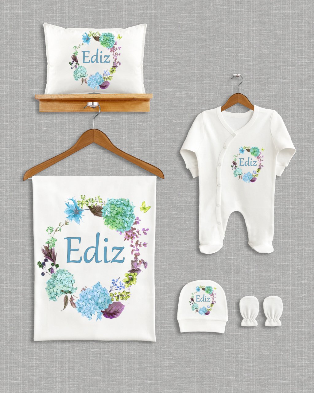 Mavi Yeşil Çiçekli Tasarım 5'li Organik Hastane Çıkışı