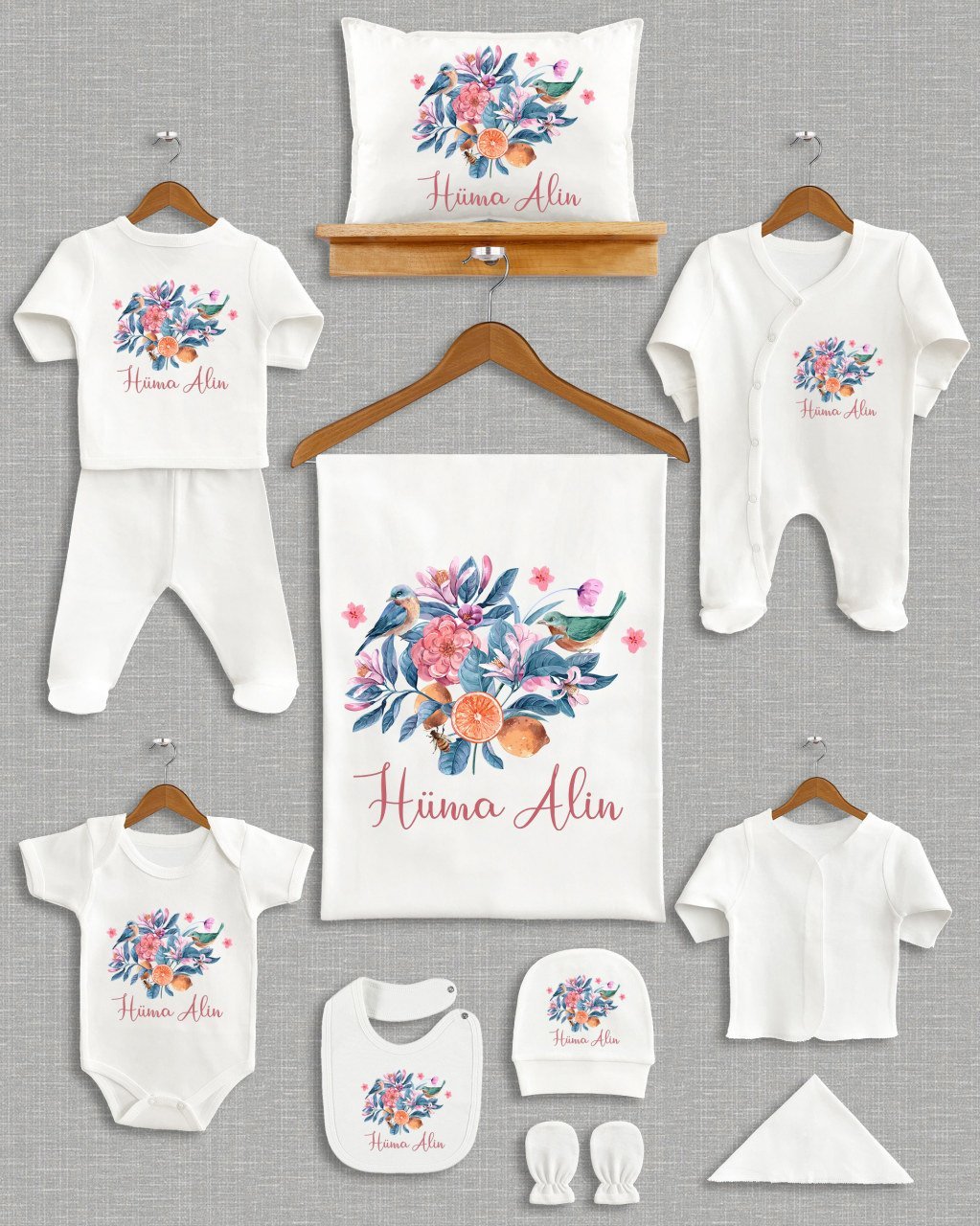 Çiçekli Kuş Tasarımı 11'li Organik  Hastane Çıkışı