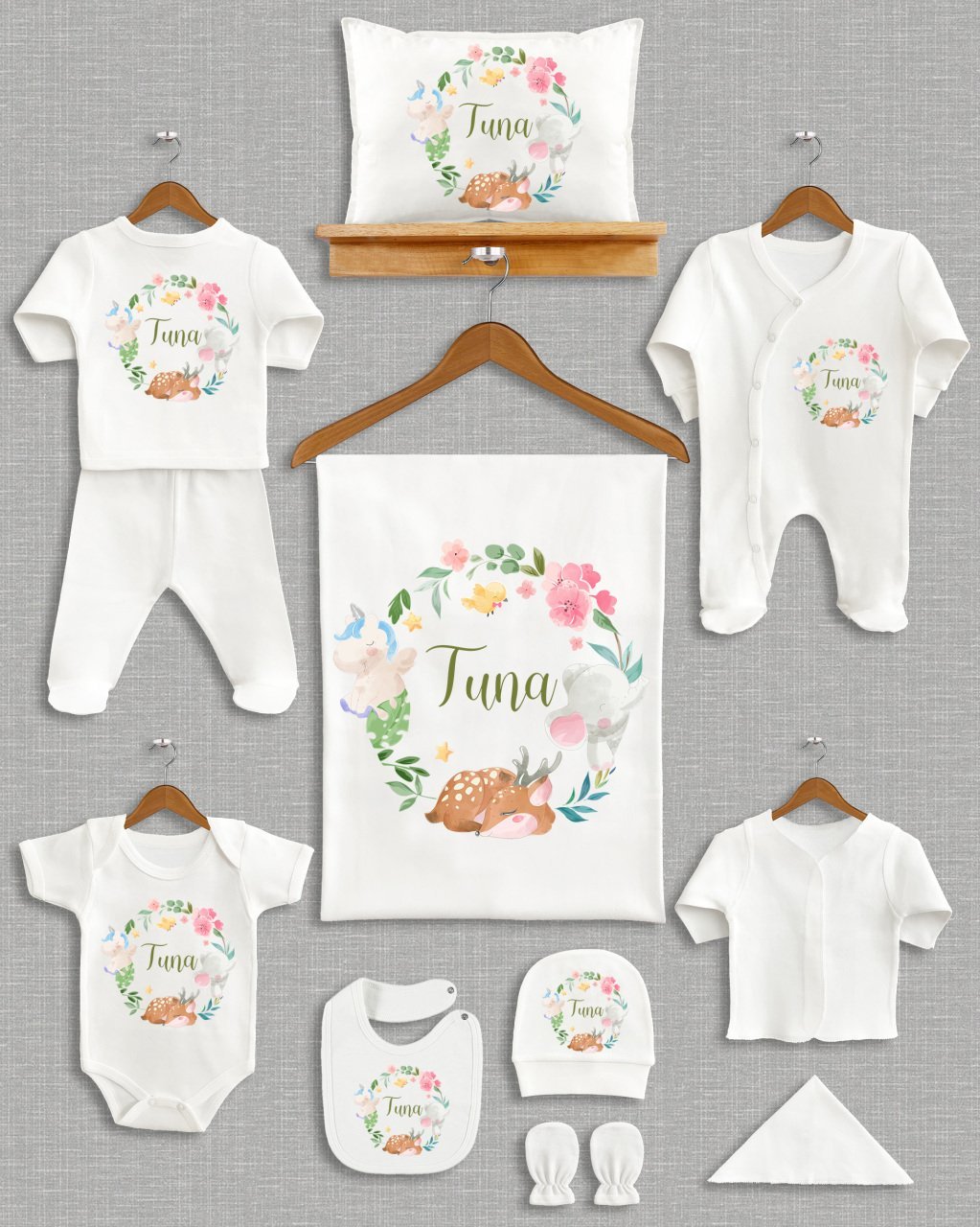 Yapraklı Sevimli Hayvanlar Tasarım 11'li Organik  Hastane Çıkışı