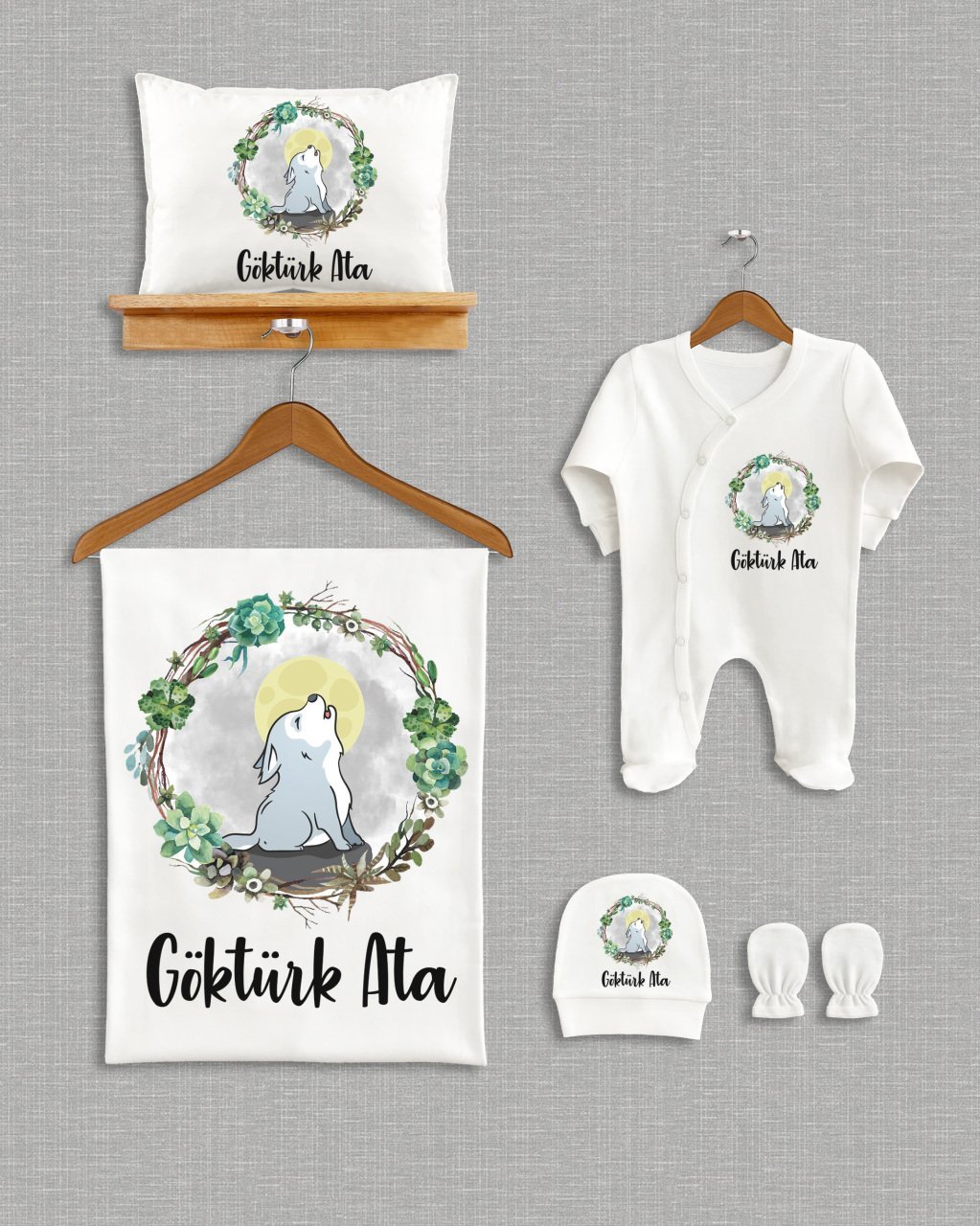 Çelenk İçinde Sevimli Kurt Tasarımlı 5'li Organik Hastane Çıkışı