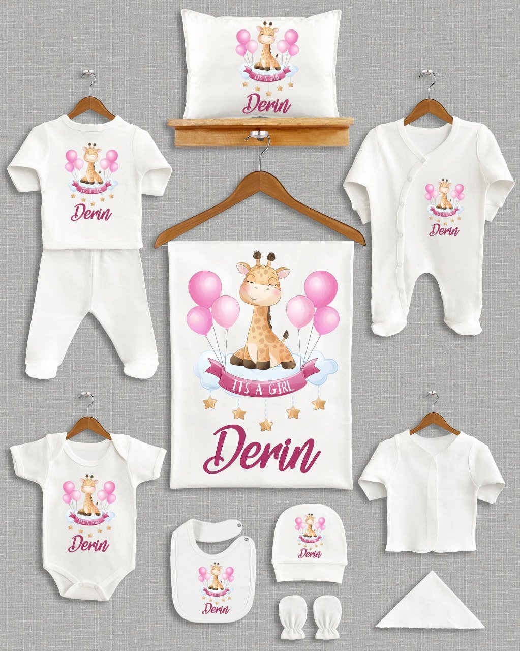 Pembe Balonlu Sevimli Zürafa Tasarımı 11'li Organik  Hastane Çıkışı