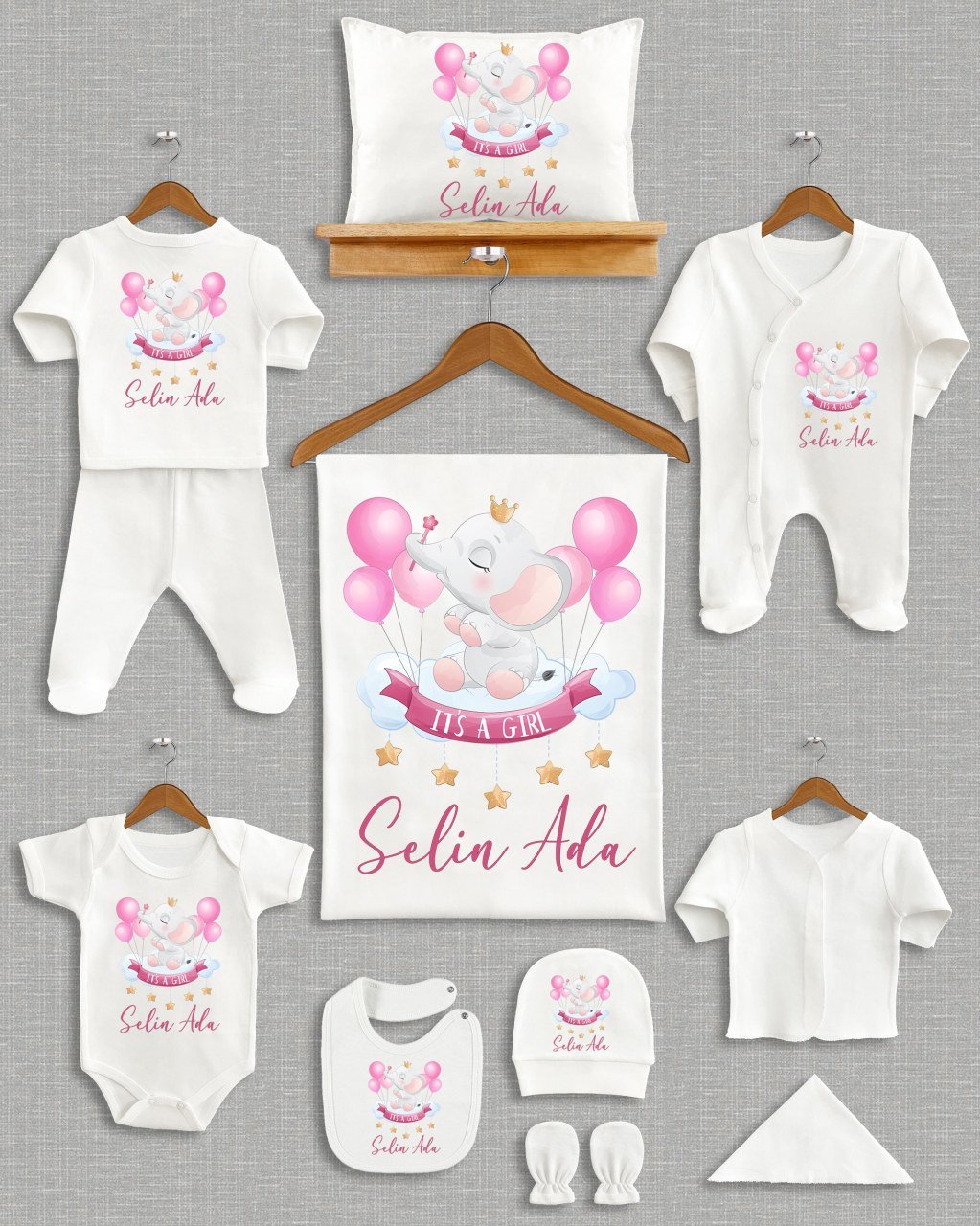 Pembe Balonlu Sevimli Ayıcık Tasarımı 11'li Organik  Hastane Çıkışı