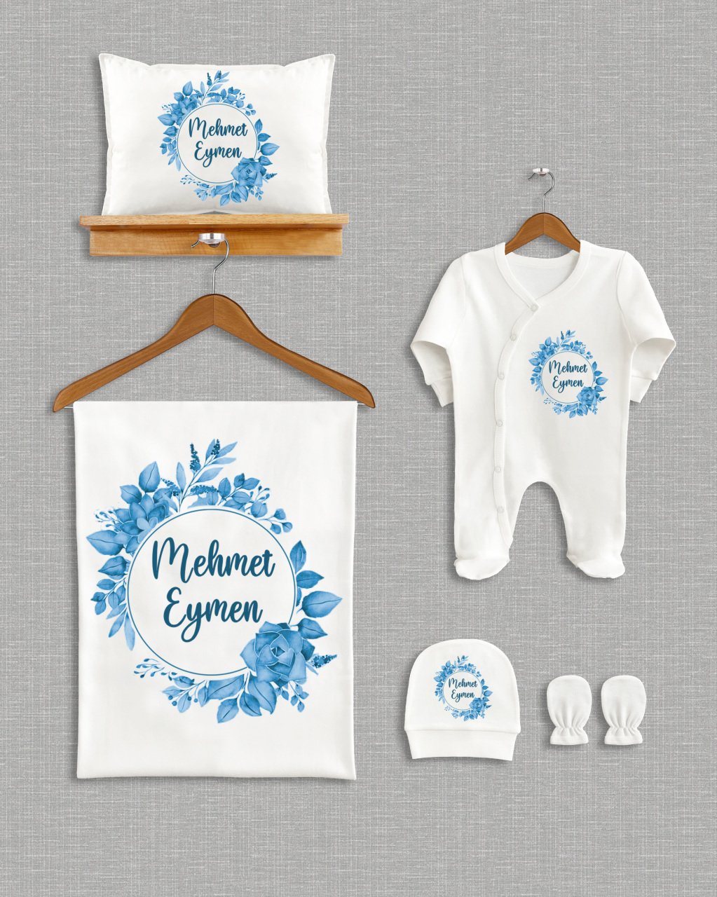 Mavi Çiçek Çelenk Tasarımı 5'li Organik Hastane Çıkışı