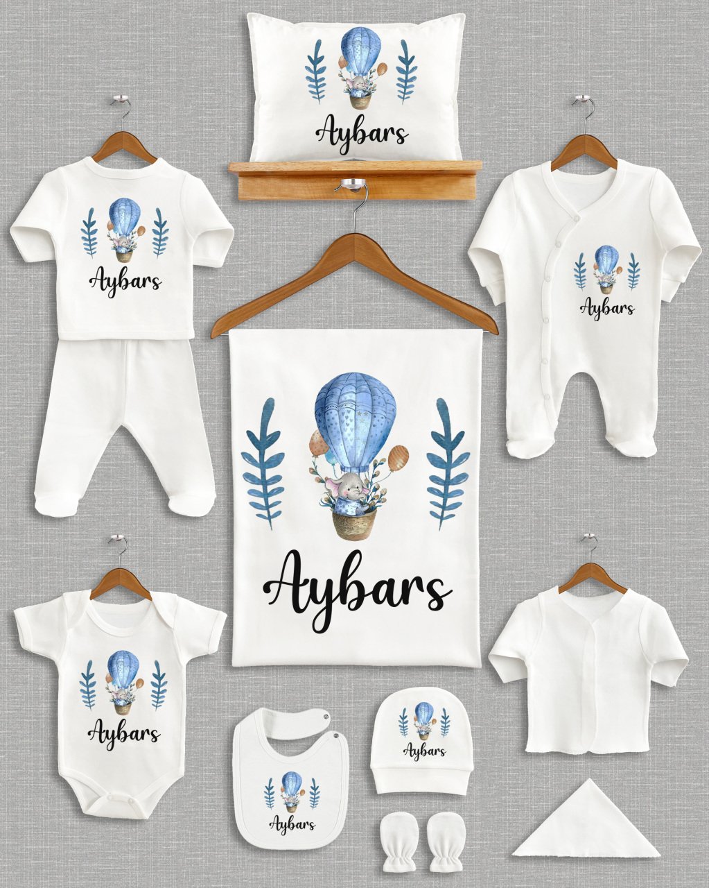 Mavi Uçan Balonlu Fil Tasarım 11'li Organik  Hastane Çıkışı