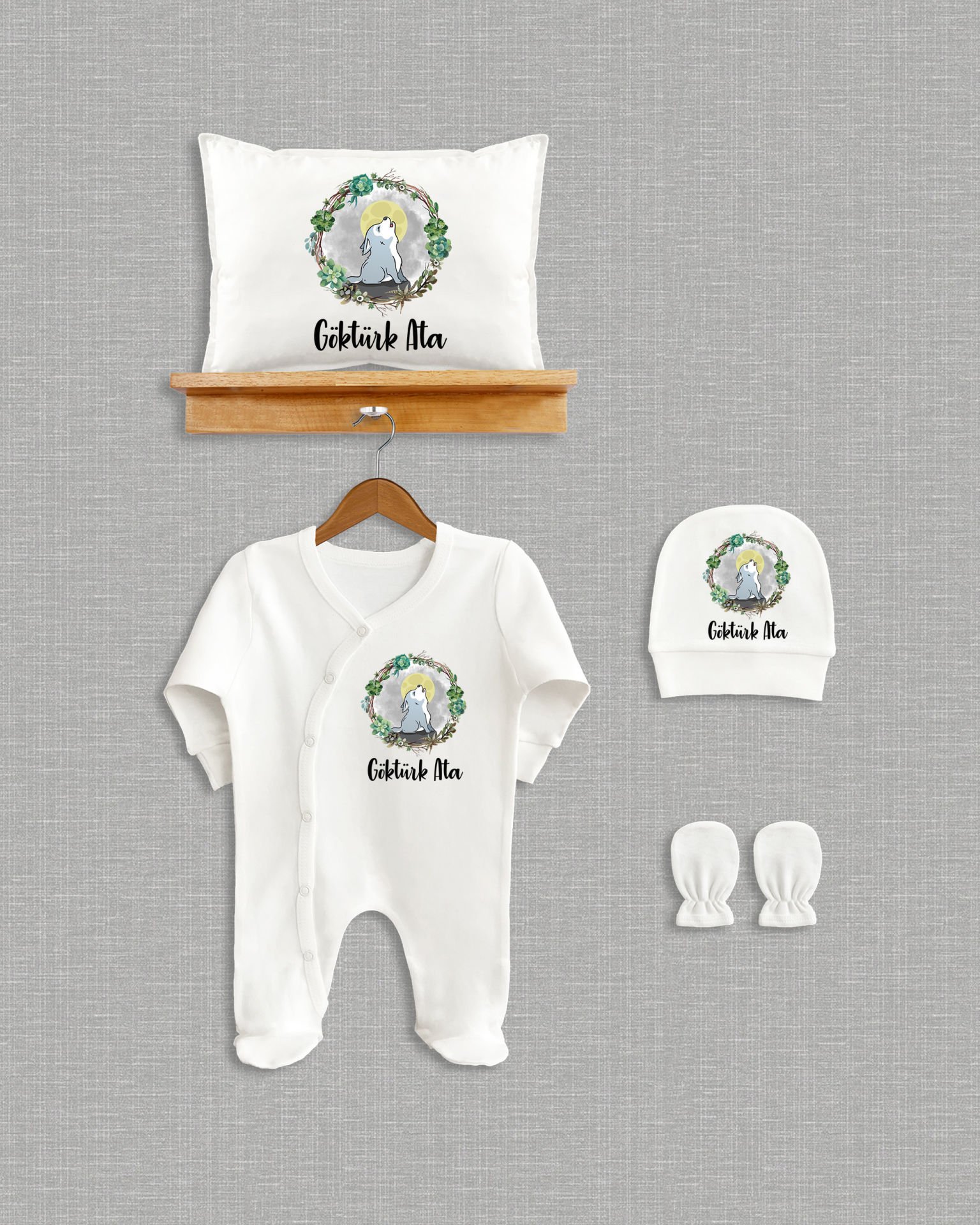 Çelenk İçinde Sevimli Kurt Tasarım 4'lü Organik Hastane Çıkışı