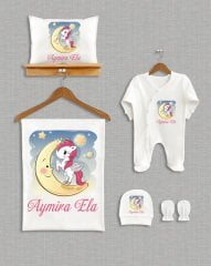 Ay Üzerinde Sevimli Unicorn Tasarımı 5'li Organik Hastane Çıkışı