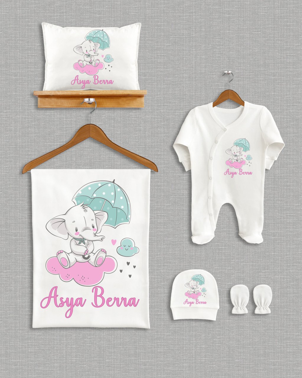 Bulut Üzerinde Sevimli Fil Tasarımı 5'li Organik Hastane Çıkışı