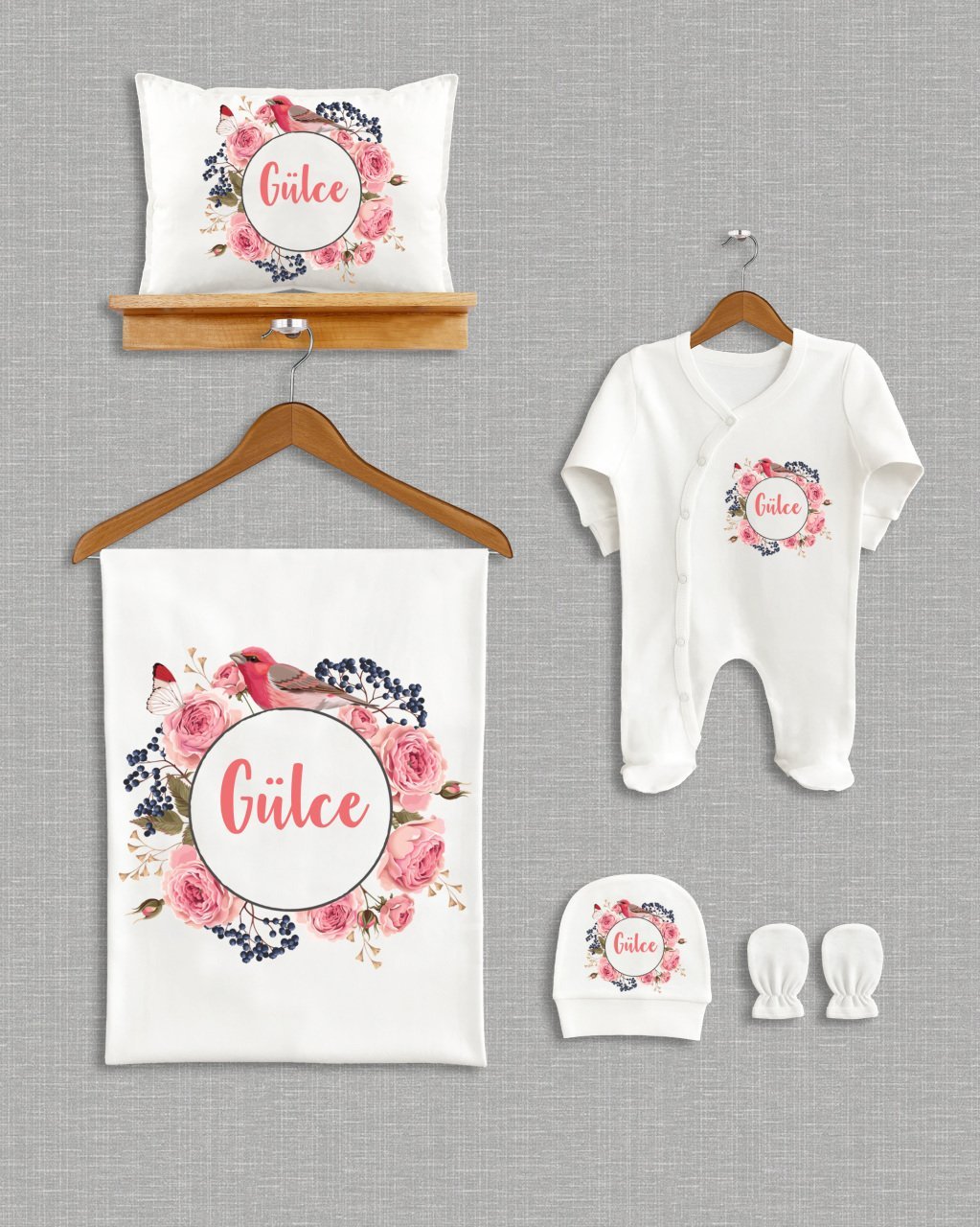 Renkli Çiçek Kuş Tasarımı 5'li Organik Hastane Çıkışı