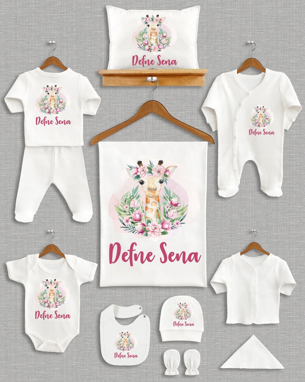 Çiçekli Sevimli Zürafa Tasarımı 11'li Organik Hastane Çıkışı