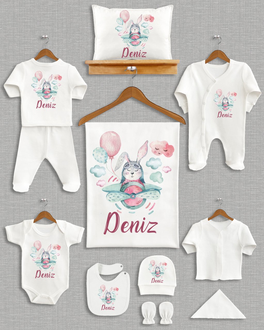 Uçak ile Sevimli Tavşan Tasarımı 11'li Organik Hastane Çıkışı