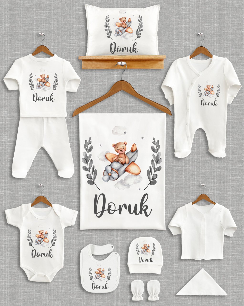 Uçak Üzerinde Sevimli Ayıcık Tasarımı 11'li Organik Hastane Çıkışı