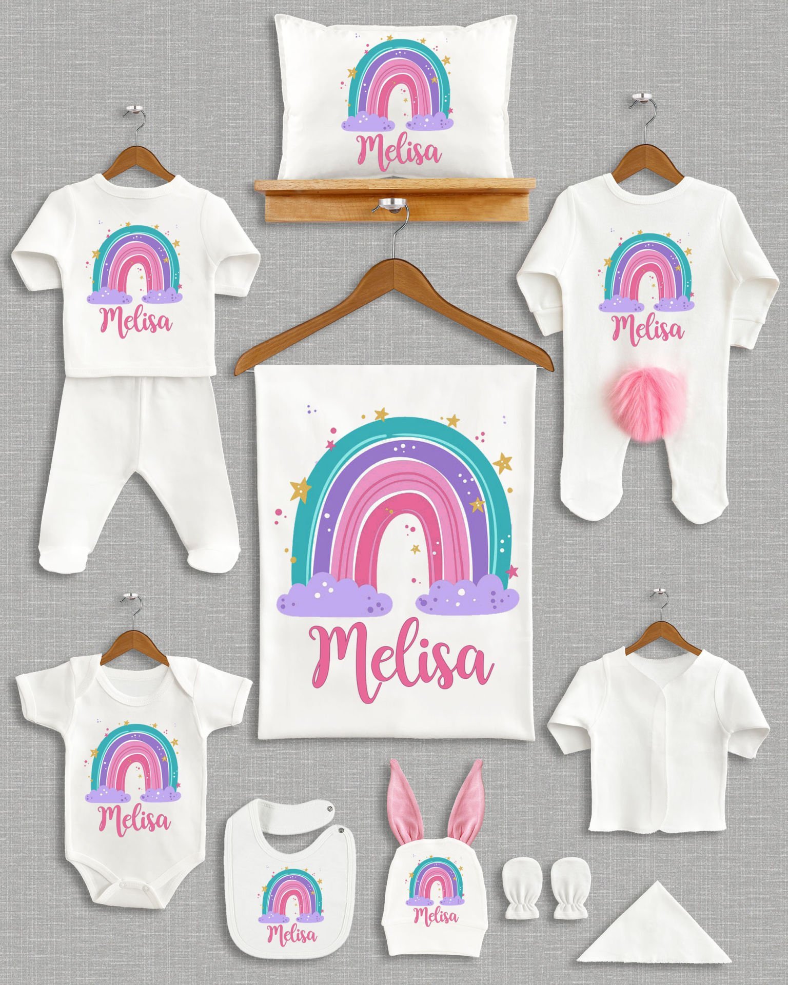 Renkli Gökkuşağı Tasarımı Ponponlu Tavşan Kulaklı 11'li Organik Hastane Çıkışı