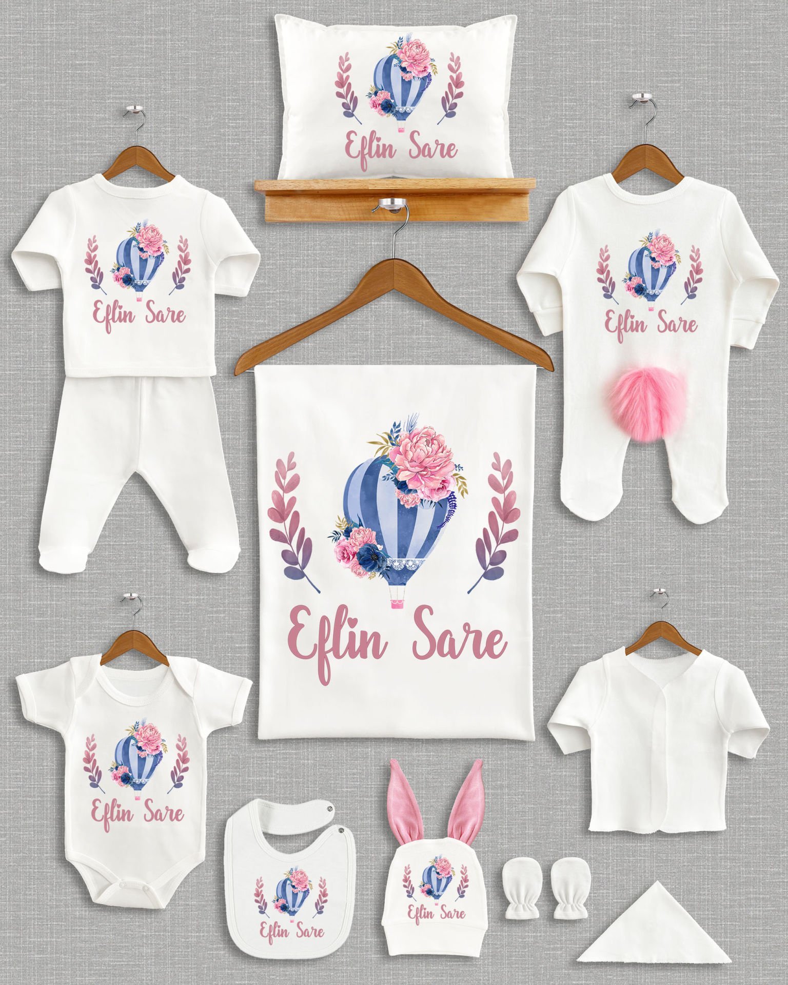 Uçan Balon Yaprak Tasarımı Ponponlu Tavşan Kulaklı 11'li Organik Hastane Çıkışı