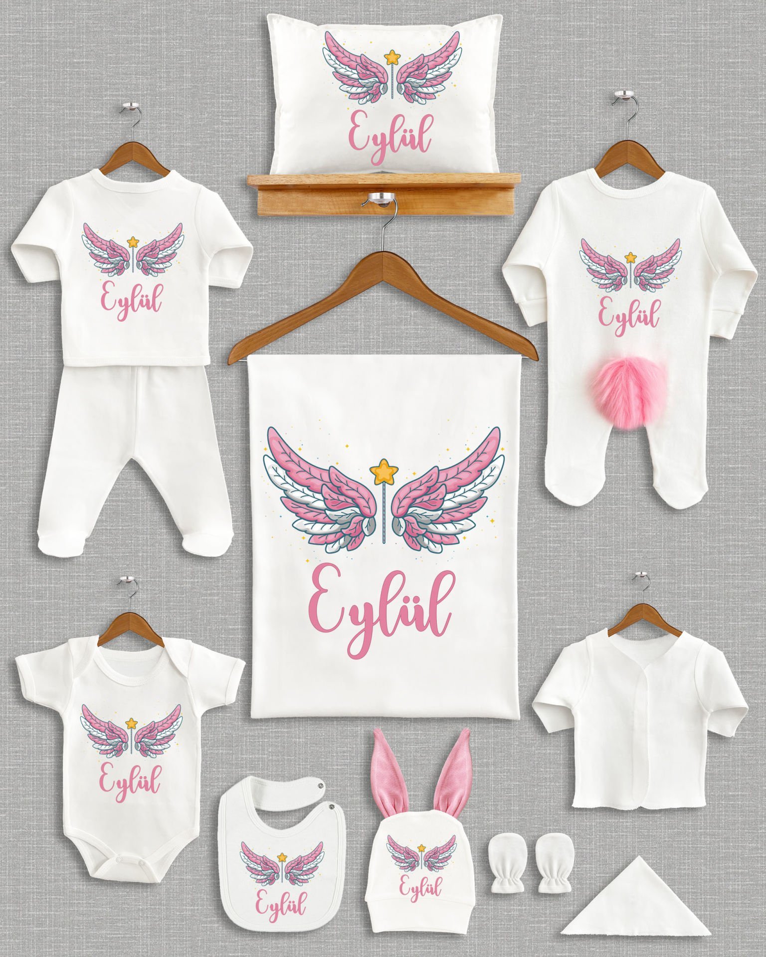 Melek Kanadı Tasarımı Ponponlu Tavşan Kulaklı 11'li Organik Hastane Çıkışı