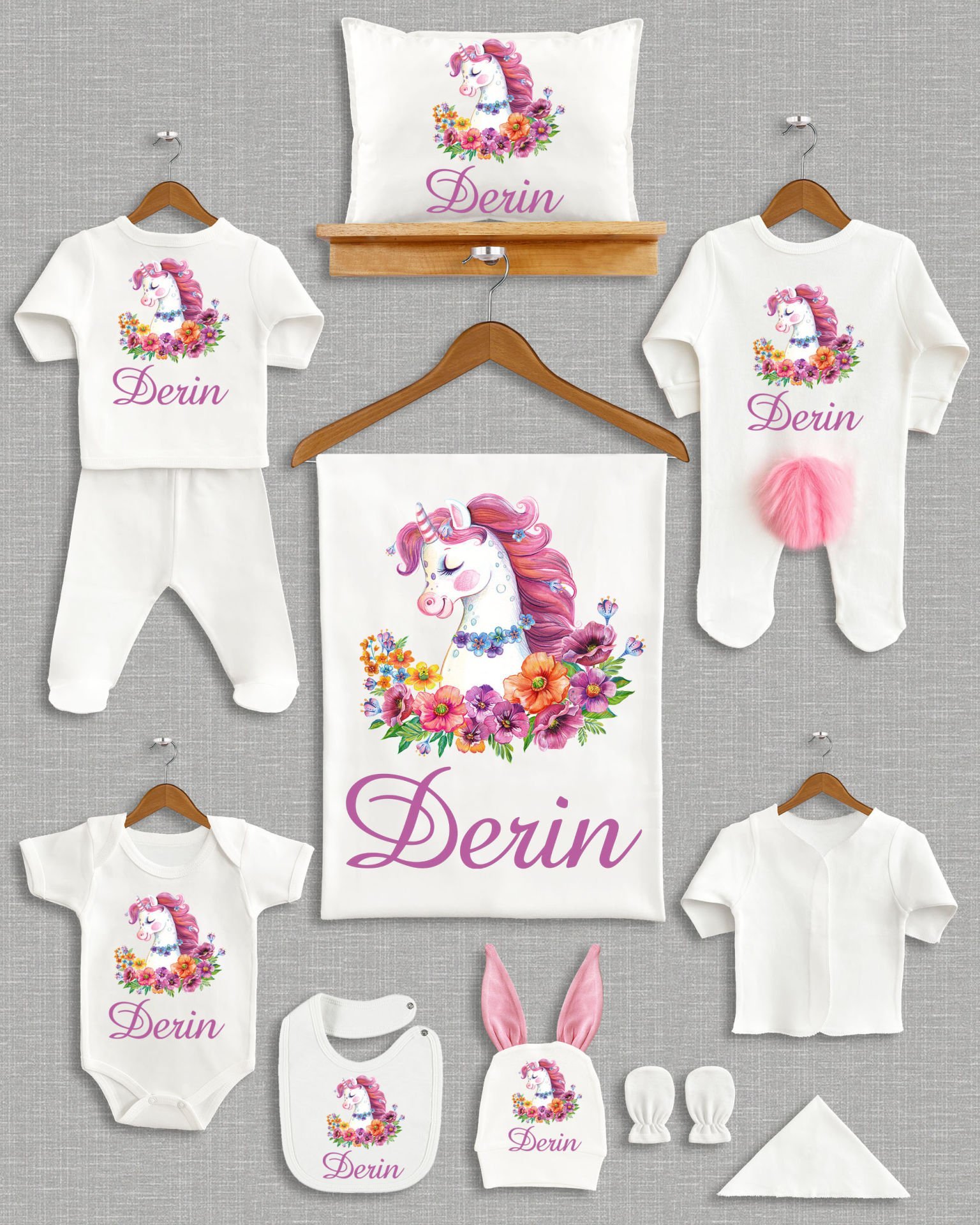 Renkli Çiçekli Unicorn Tasarımı Ponponlu Tavşan Kulaklı 11'li Organik Hastane Çıkışı