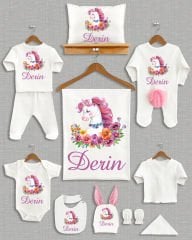 Renkli Çiçekli Unicorn Tasarımı Ponponlu Tavşan Kulaklı 11'li Organik Hastane Çıkışı