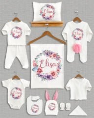 Renkli Çiçek Kelebek Tasarımı Ponponlu Tavşan Kulaklı 11'li Organik Hastane Çıkışı