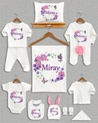 Mor Pembe Çiçekli Tasarım Ponponlu Tavşan Kulaklı 11'li Organik Hastane Çıkışı