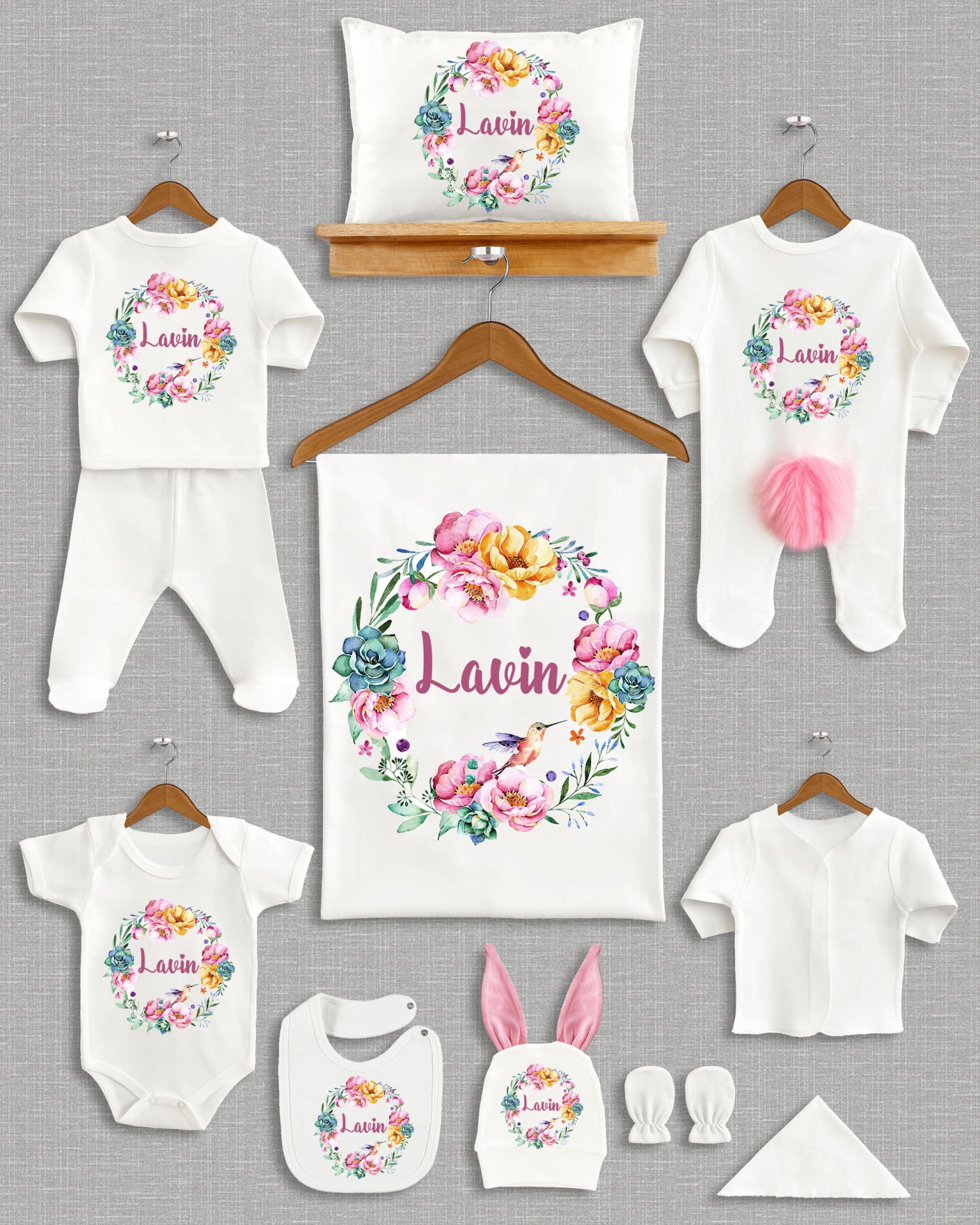 Renkli Çiçek Kuş Tasarımı Ponponlu Tavşan Kulaklı 11'li Organik Hastane Çıkışı