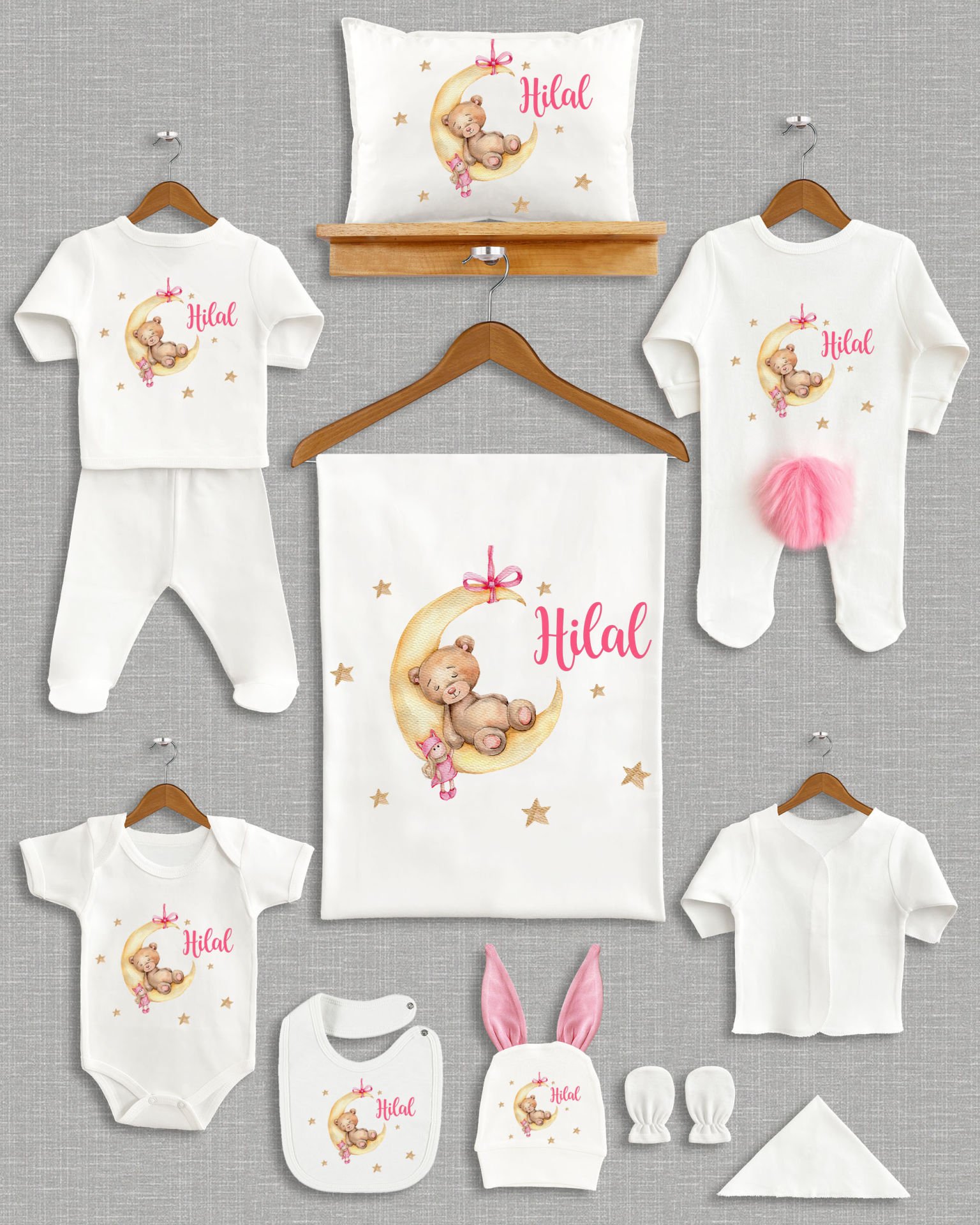 Ay Üzerinde Uyuyan Sevimli Ayıcık Tasarımı Ponponlu Tavşan Kulaklı 11'li Organik Hastane Çıkışı