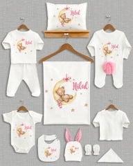 Ay Üzerinde Uyuyan Sevimli Ayıcık Tasarımı Ponponlu Tavşan Kulaklı 11'li Organik Hastane Çıkışı