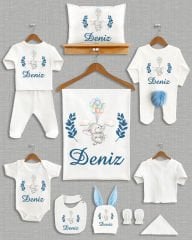 Mavi Yapraklı Balon Tutan Fil Tasarımı Ponponlu Tavşan Kulaklı 11'li Organik Hastane Çıkışı