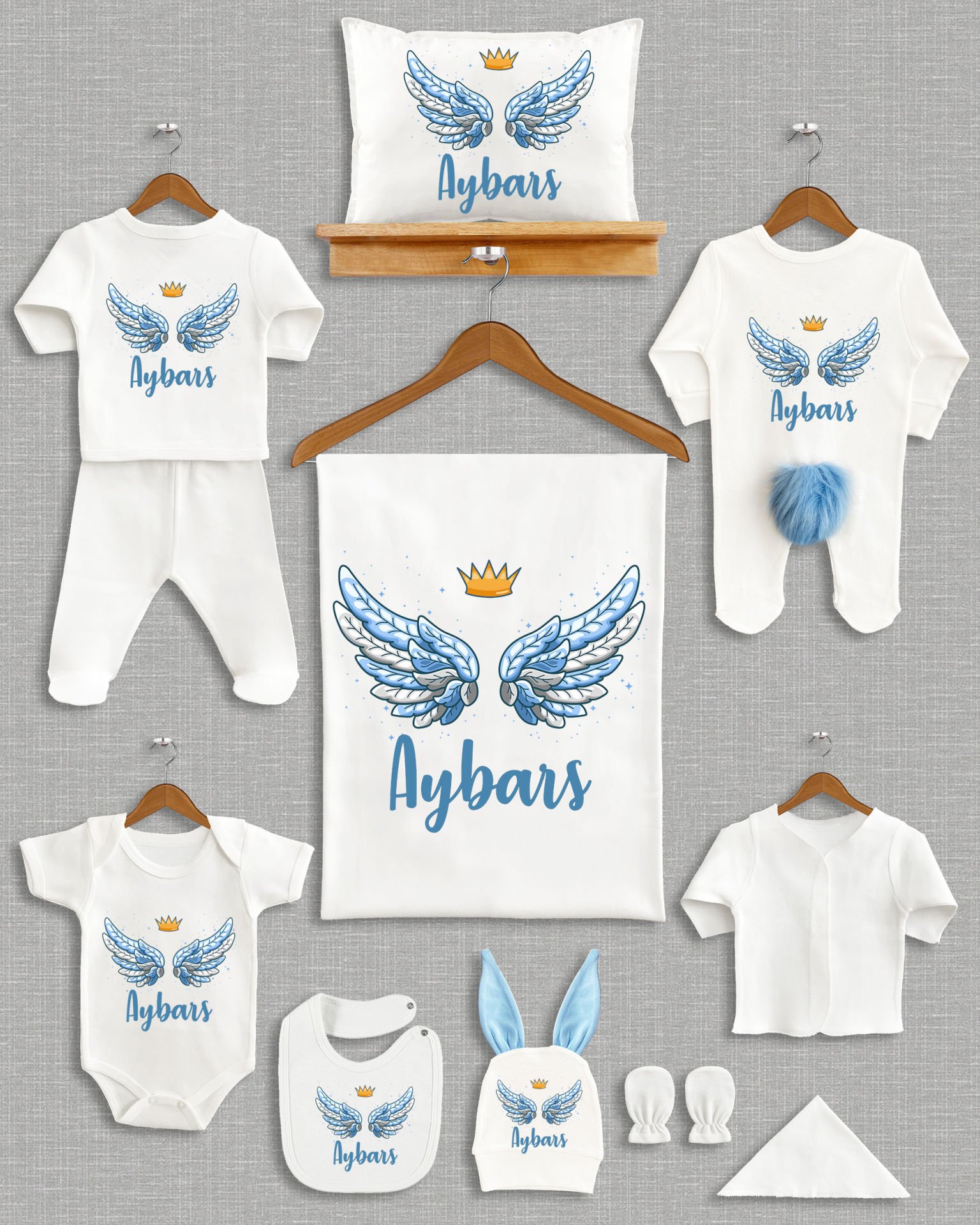 Mavi Melek Kanadı Tasarımı Ponponlu Tavşan Kulaklı 11'li Organik Hastane Çıkışı