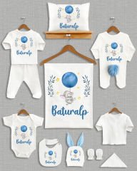 Mavi Balon Tutan Fil Tasarımı Ponponlu Tavşan Kulaklı 11'li Organik Hastane Çıkışı