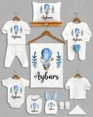 Mavi Uçan Balonlu Fil Tasarımı Ponponlu Tavşan Kulaklı 11'li Organik Hastane Çıkışı