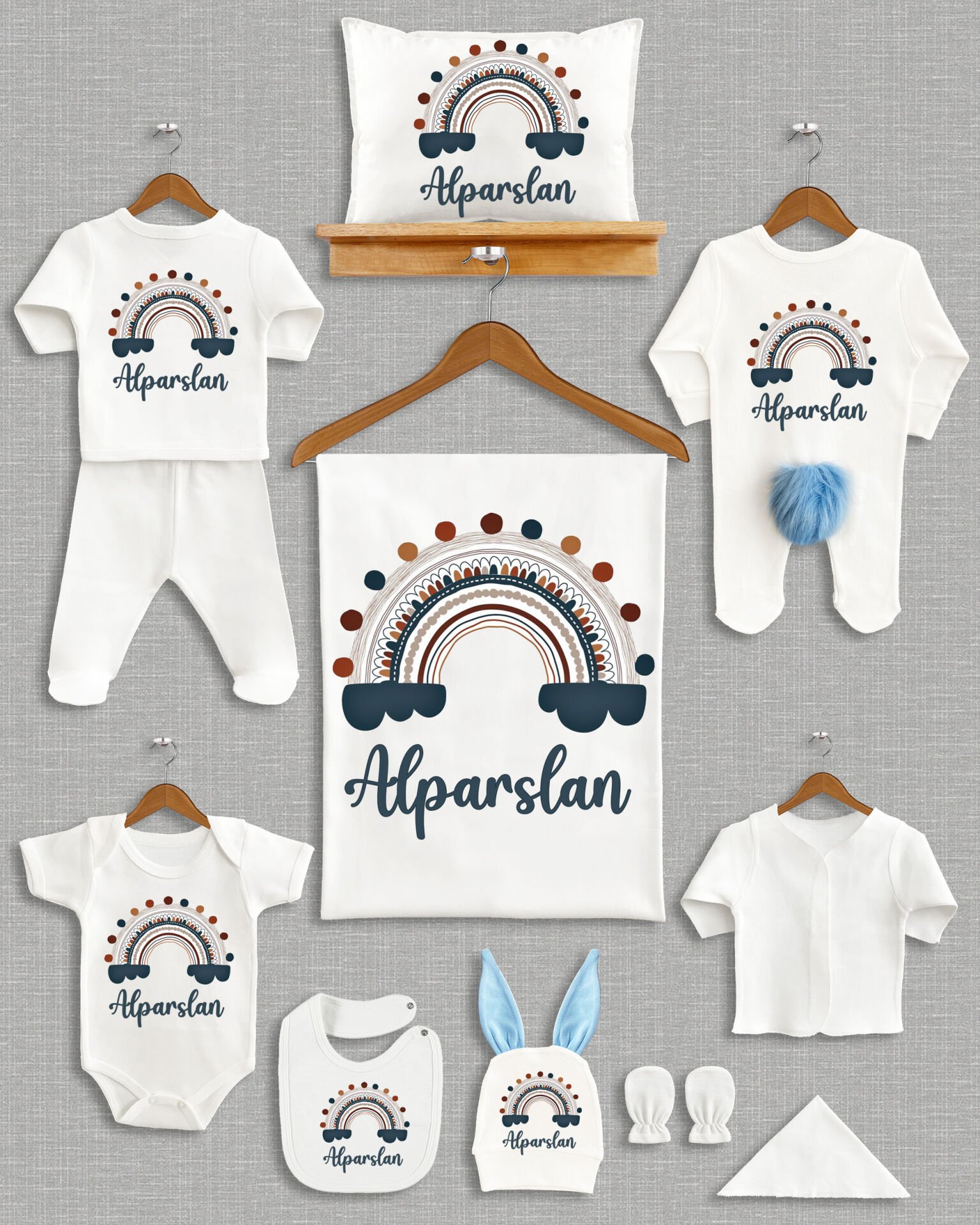 Koyu Mavili Renkli Gökkuşağı Tasarımı Ponponlu Tavşan Kulaklı 11'li Organik Hastane Çıkışı