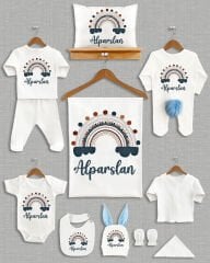 Koyu Mavili Renkli Gökkuşağı Tasarımı Ponponlu Tavşan Kulaklı 11'li Organik Hastane Çıkışı