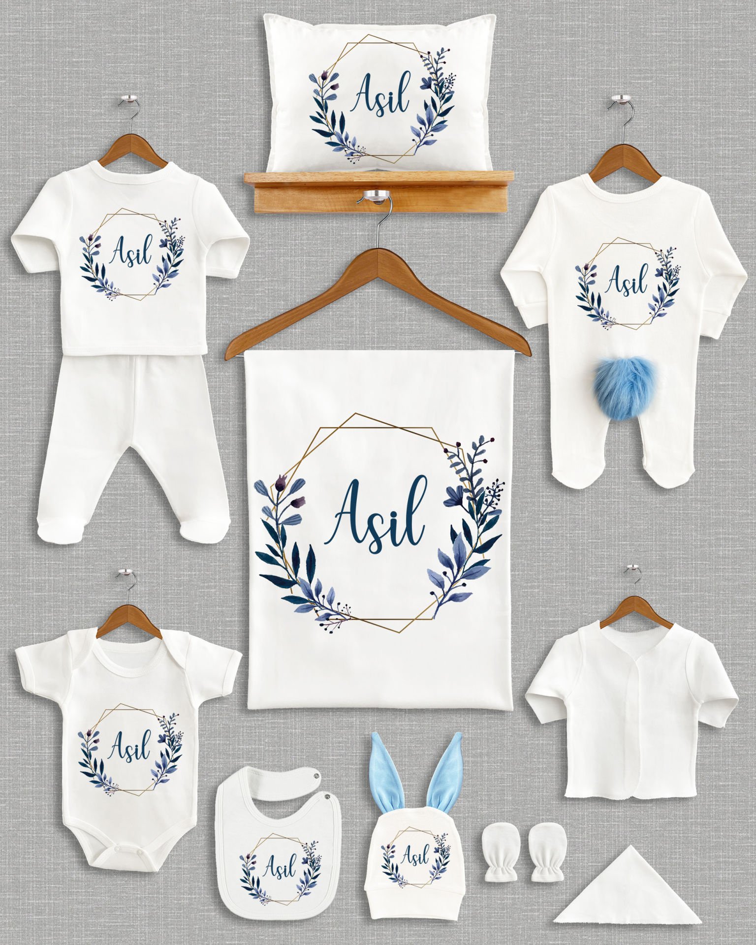 Mavi Yaprak Çelenk Tasarımı Ponponlu Tavşan Kulaklı 11'li Organik Hastane Çıkışı