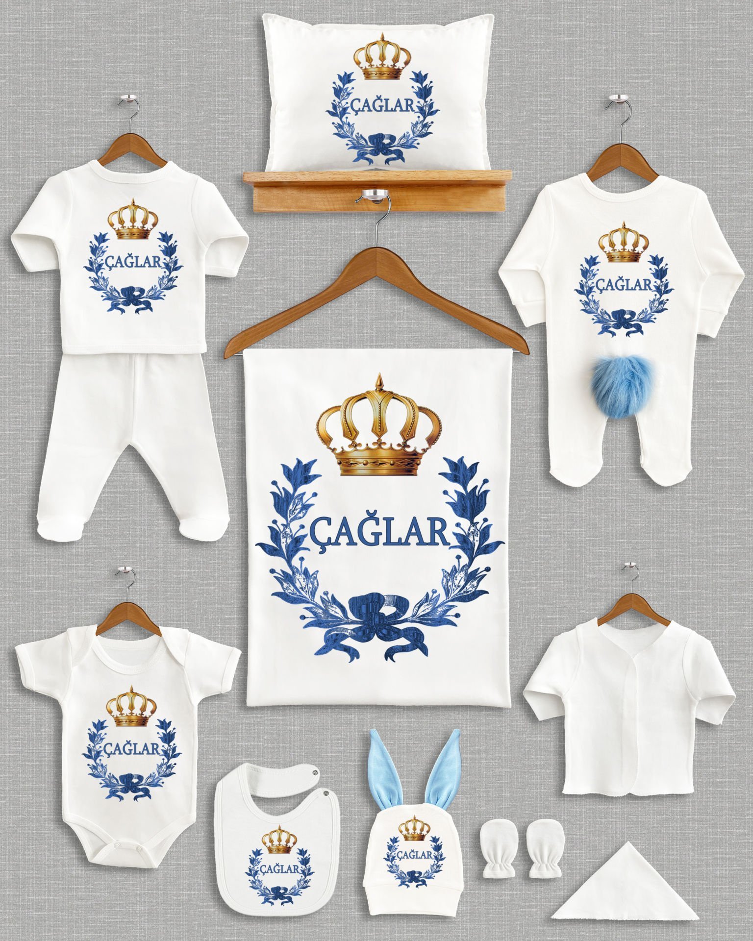 Koyu Mavi Çelenk Taç Tasarımı Ponponlu Tavşan Kulaklı 11'li Organik Hastane Çıkışı