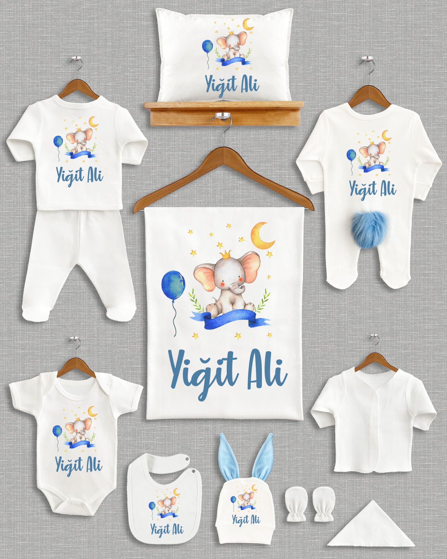 Mavi Balon Fil Tasarımı Ponponlu Tavşan Kulaklı 11'li Organik Hastane Çıkışı