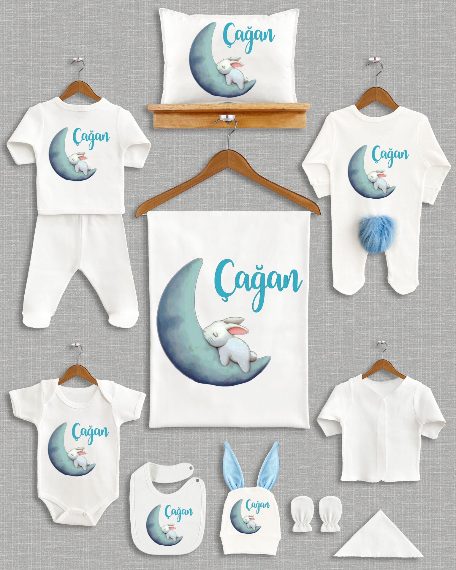 Ay Üzerinde Uyuyan Sevimli Tavşan Tasarımı Ponponlu Tavşan Kulaklı 11'li Organik Hastane Çıkışı