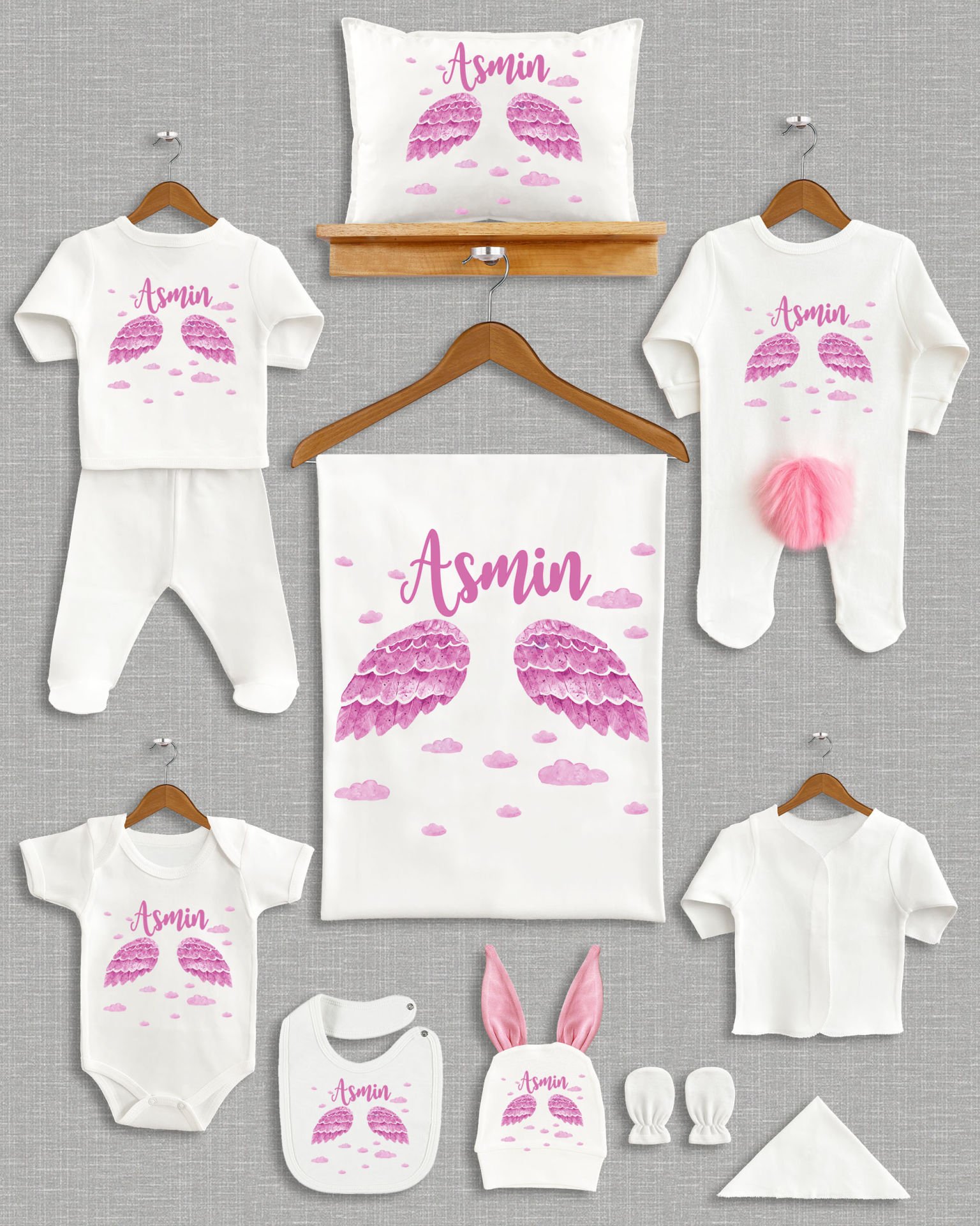 Pastel Melek Kanadı Tasarımı Ponponlu Tavşan Kulaklı 11'li Organik Hastane Çıkışı