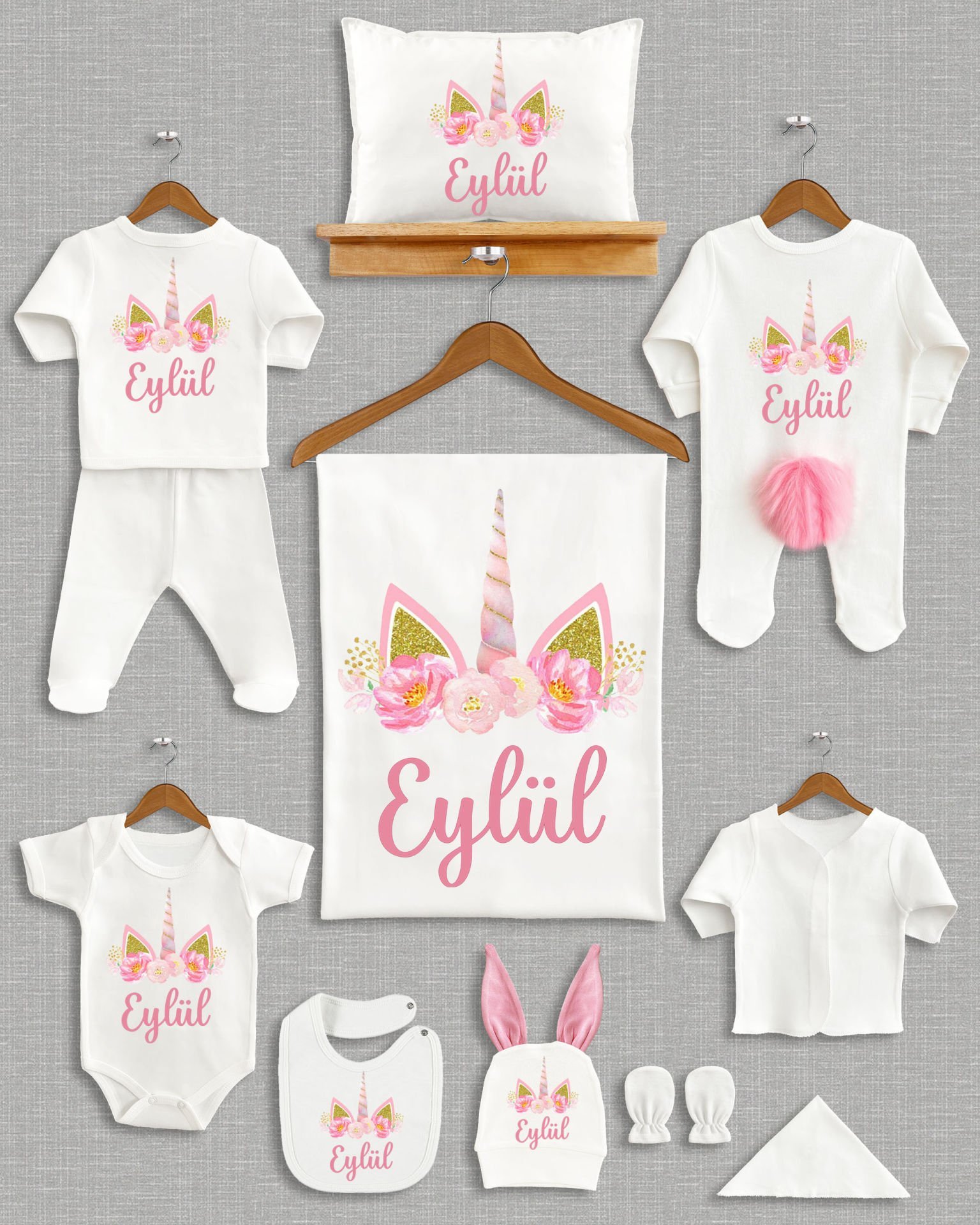 Unicorn Tasarımı Ponponlu Tavşan Kulaklı 11'li Organik Hastane Çıkışı