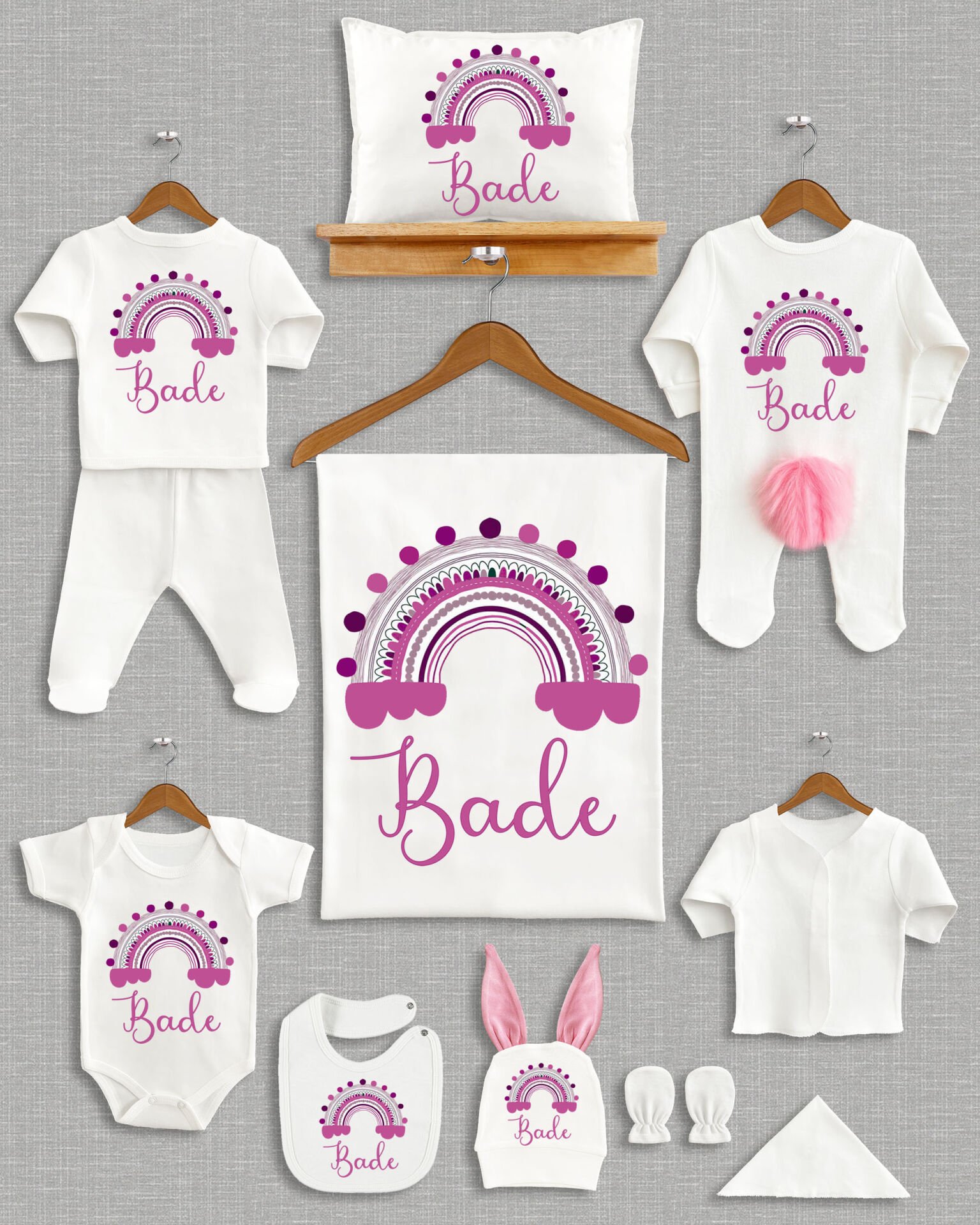 Gökkuşağı Tasarımı Ponponlu Tavşan Kulaklı 11'li Organik Hastane Çıkışı