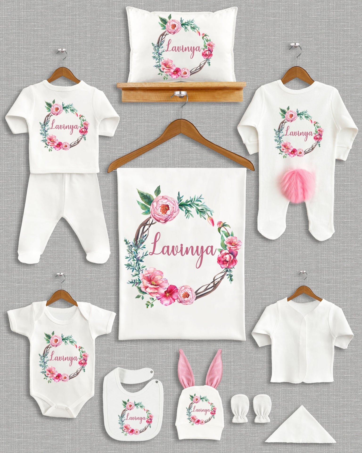 Renkli Çiçekli Çelenk Tasarımı Ponponlu Tavşan Kulaklı 11'li Organik Hastane Çıkışı