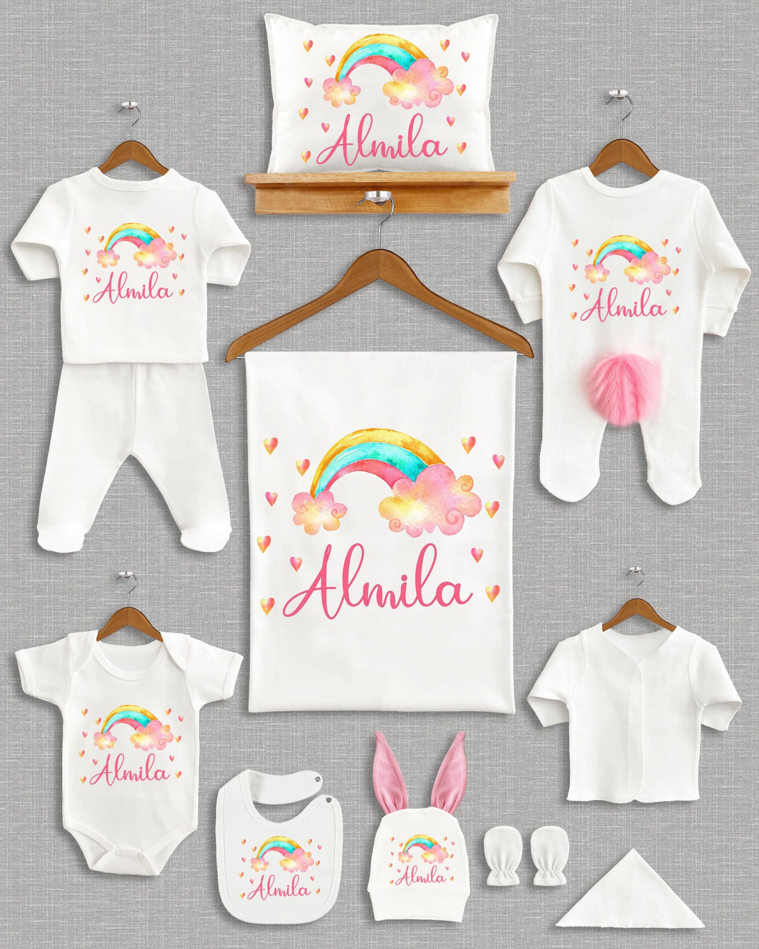 Renkli Gökkuşağı Bulut Tasarımı Ponponlu Tavşan Kulaklı 11'li Organik Hastane Çıkışı