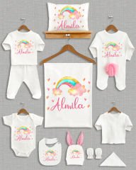 Renkli Gökkuşağı Bulut Tasarımı Ponponlu Tavşan Kulaklı 11'li Organik Hastane Çıkışı