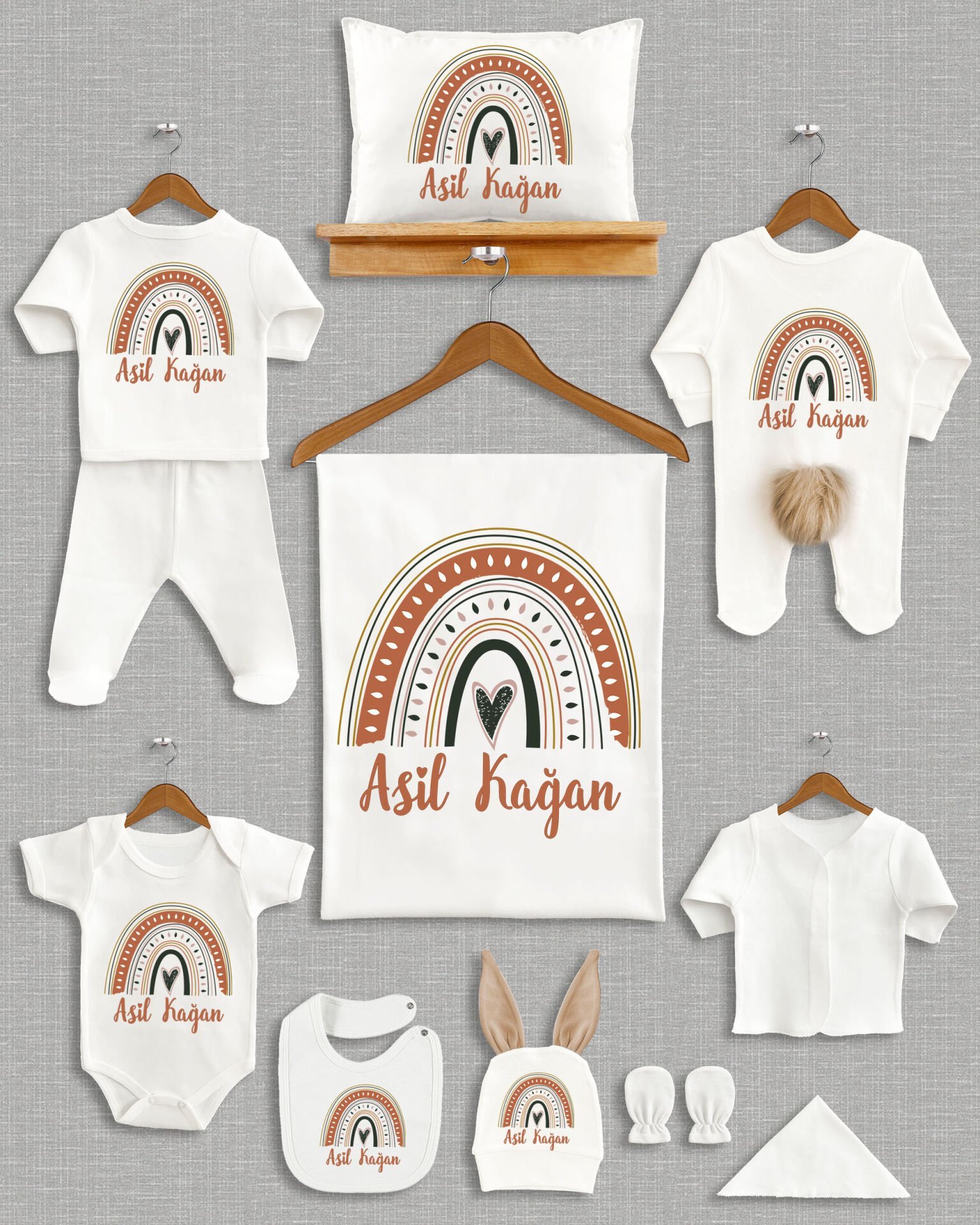 Gökkuşağı Tasarımı Kahverengi Ponponlu Tavşan Kulaklı 11'li Organik Hastane Çıkışı