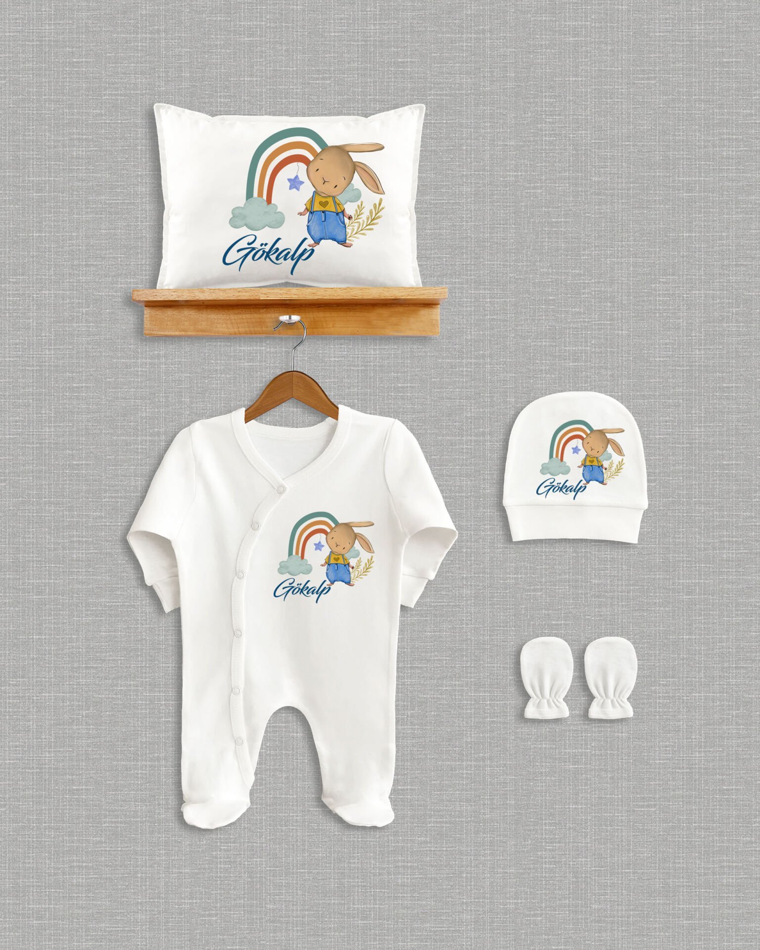 Gökkuşağında Sevimli Tavşan Tasarımı 4'lü Organik Hastane Çıkışı