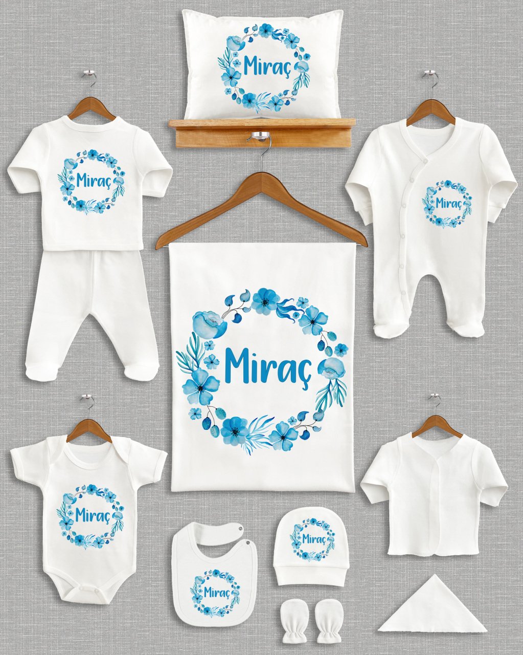 Mavi Çiçek Çelenk Tasarımı 11'li Organik Hastane Çıkışı