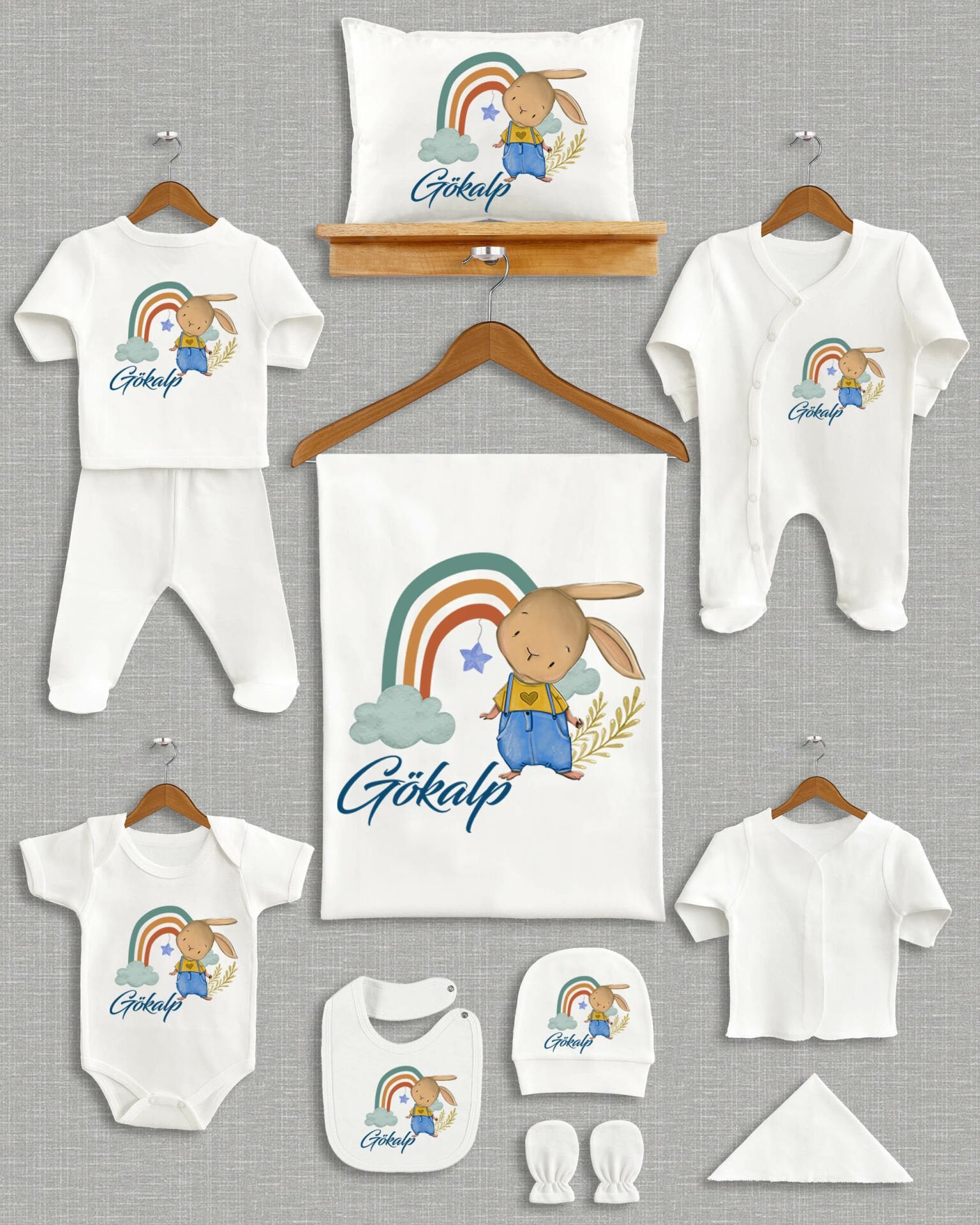 Gökkuşağında Sevimli Tavşan Tasarımı 11'li Organik İsme Özel Hastane Çıkışı