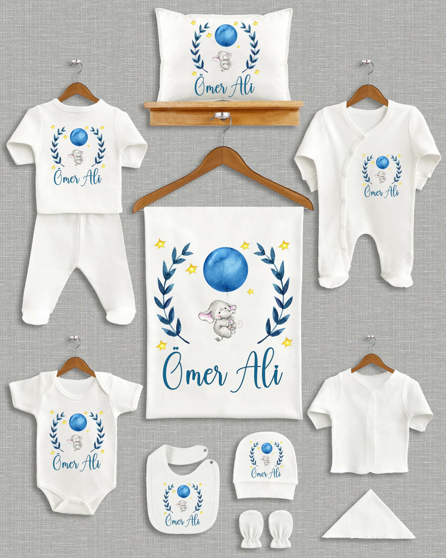 Balon Tutan Fil Tasarımı 11'li Organik İsme Özel Hastane Çıkışı