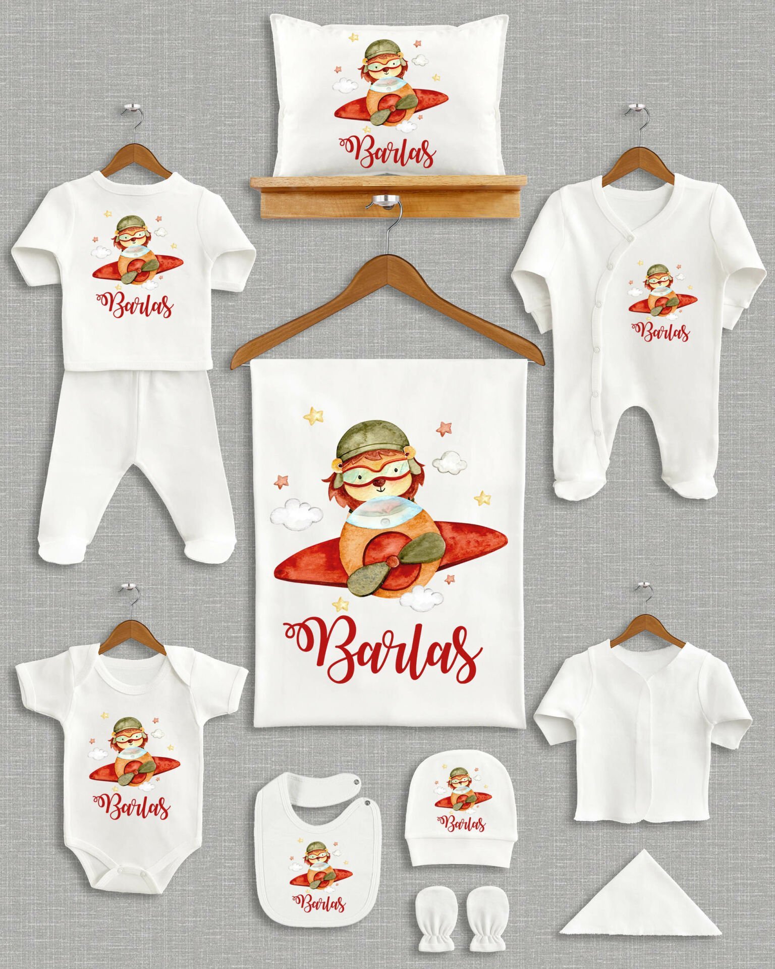 Uçakta Sevimli  Aslan Tasarımı 11'li Organik İsme Özel Hastane Çıkışı