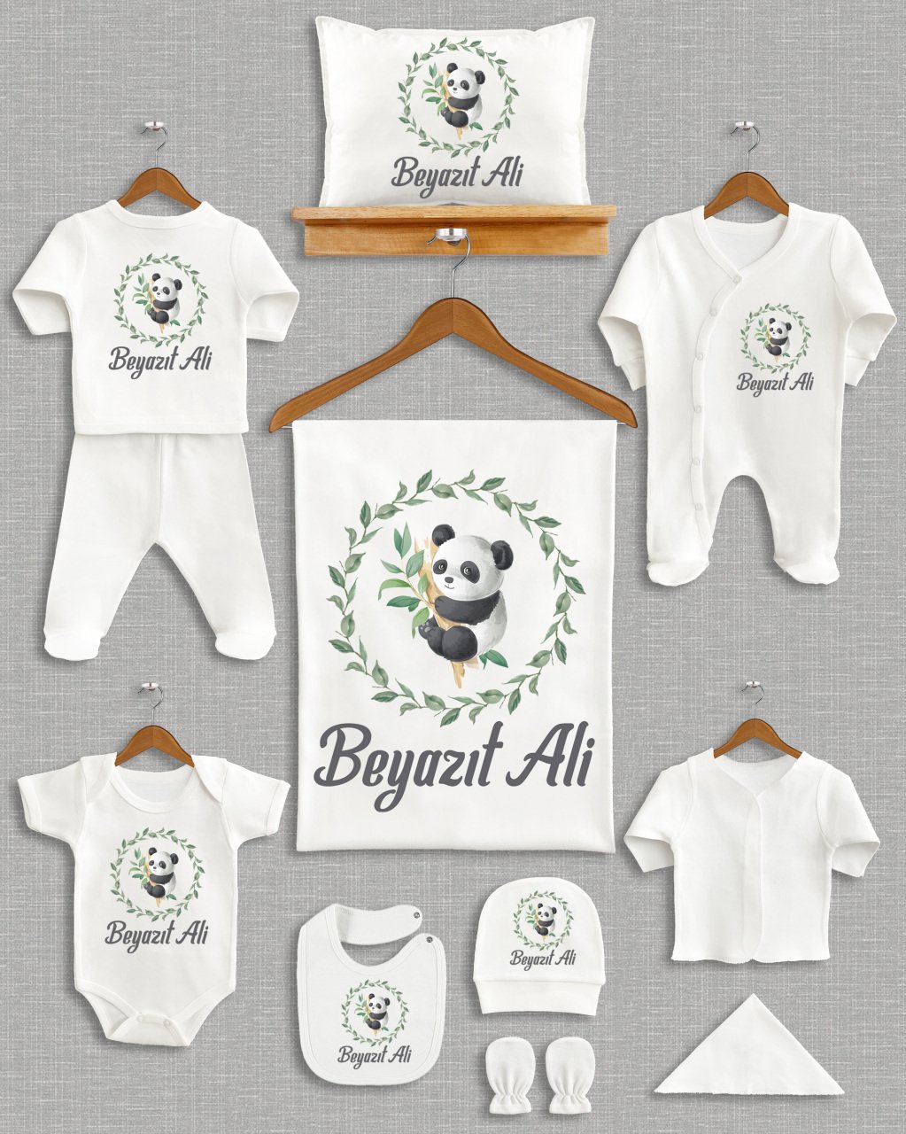 Yeşil Yaprak Çelenkli Sevimli Panda Tasarımı 11'li Organik Hastane Çıkışı