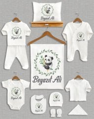 Yeşil Yaprak Çelenkli Sevimli Panda Tasarımı 11'li Organik Hastane Çıkışı