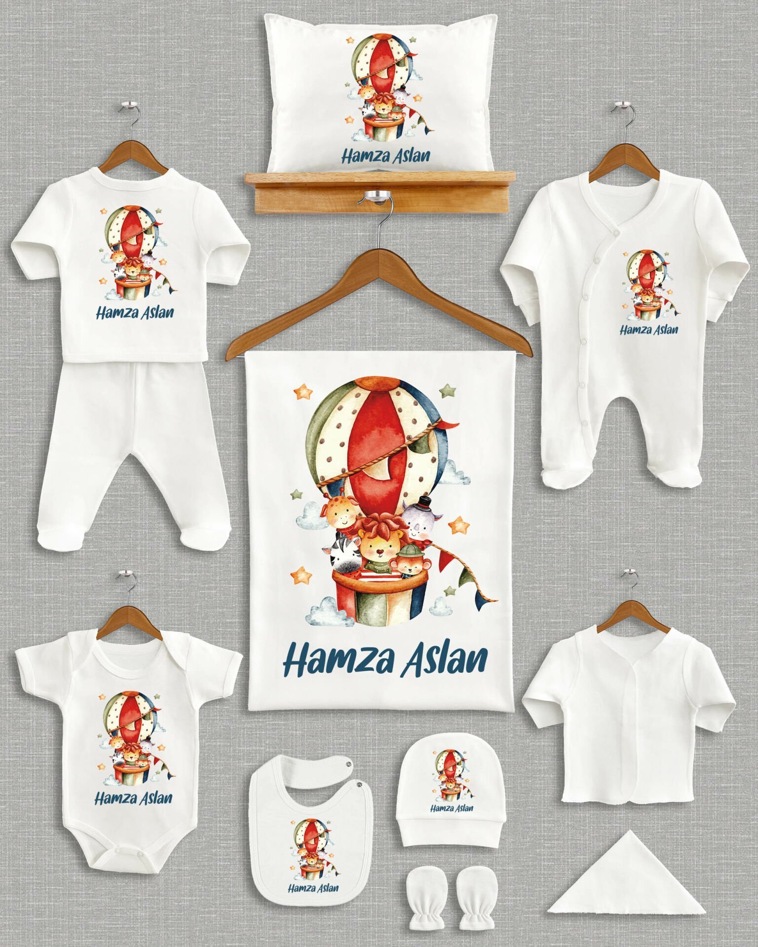 Uçan Balonda Sevimli Hayvanlar Tasarımı 11'li Organik İsme Özel Hastane Çıkışı